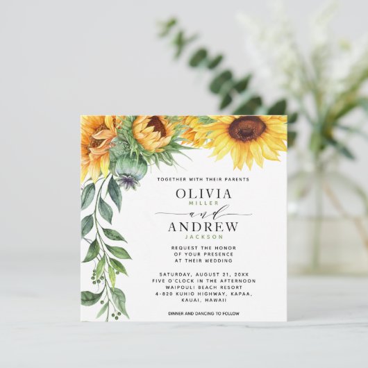Elegant Sunflower Modern Waterverf Wedding Kaart (Staand voorkant)
