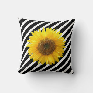 Elegant Sunflower on Black & White Striped Kussen