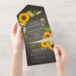 Elegant Sunflower op Rustic Chalkboard Wedding All In One Uitnodiging