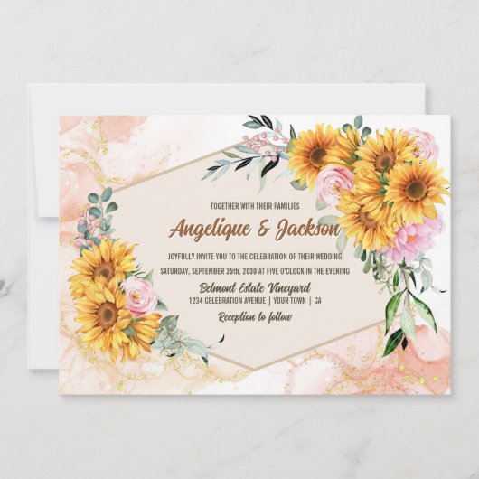 Elegant Sunflower Pink Rose Geometric Wedding Kaart (Voorkant)