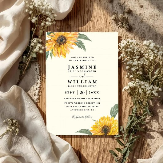 Elegant Sunflower Rustic Modern QR Code Wedding Kaart