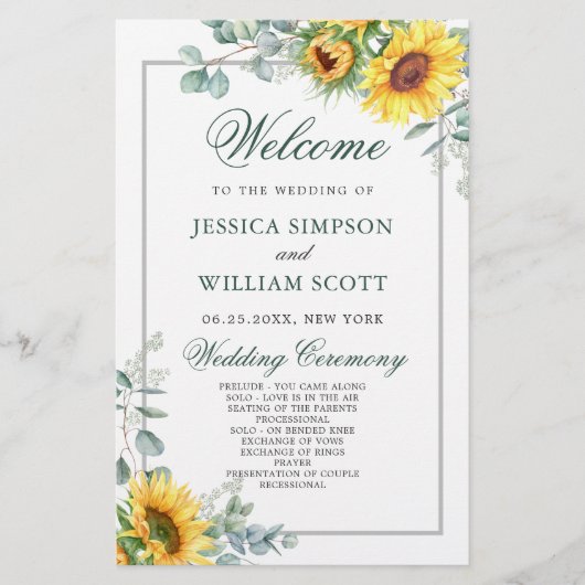 Elegant Sunflower Rustic Wedding Ceremony Programm (Voorkant)