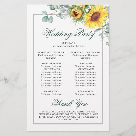 Elegant Sunflower Rustic Wedding Ceremony Programm (Achterkant)