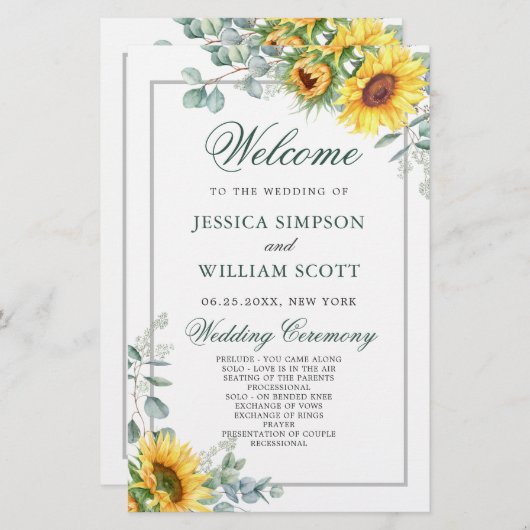 Elegant Sunflower Rustic Wedding Ceremony Programm (Voorkant / Achterkant)