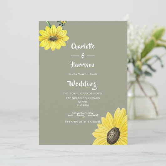 Elegant Sunflower Sage Green Wedding Invitation Kaart
