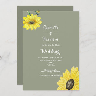 Elegant Sunflower Sage Green Wedding Invitation Kaart