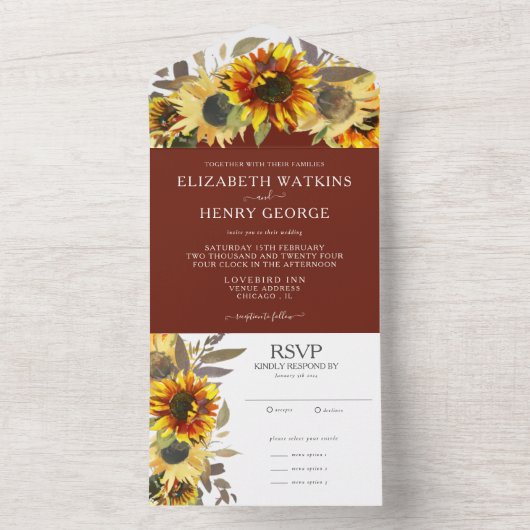 Elegant Sunflower Tan Brown Fall Wedding All In One Uitnodiging (Binnen)