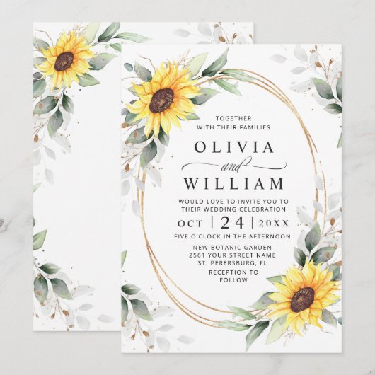 Elegant Sunflower Waterverf Greenery Wedding Kaart (Voorkant / Achterkant)