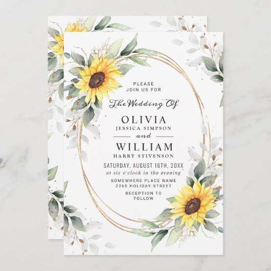 Elegant Sunflower Waterverf Greenery Wedding Kaart (Voorkant / Achterkant)