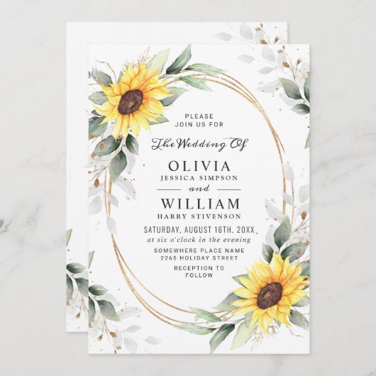 Elegant Sunflower Waterverf Greenery Wedding Kaart (Voorkant / Achterkant)