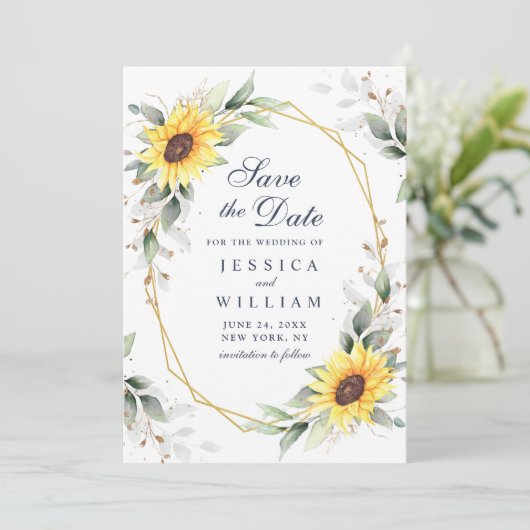 Elegant Sunflower Waterverf Greenery Wedding Save The Date (Staand voorkant)