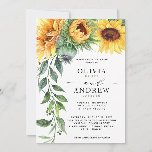 Elegant Sunflower Waterverf Modern Wedding Kaart (Voorkant)