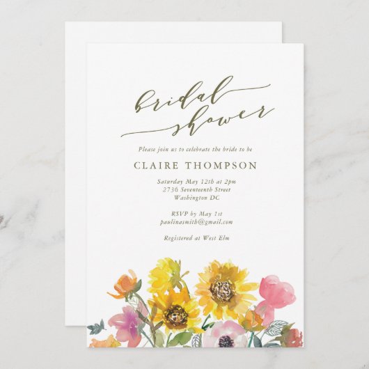 Elegant Sunflower Waterverf Script Vrijgezellenfee Kaart (Voorkant / Achterkant)