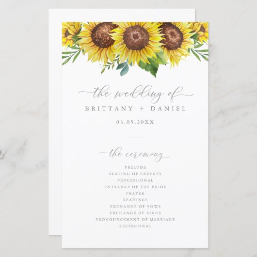 Elegant Sunflower Wedding Ceremony Programme (Voorkant / Achterkant)