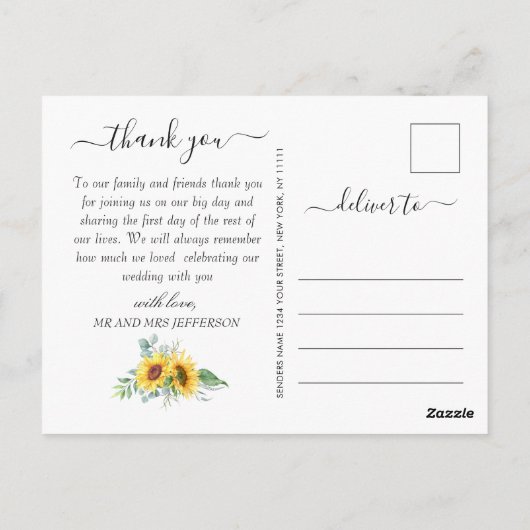 Elegant Sunflower Wedding Floral Hartelijk dank Briefkaart (Achterkant)