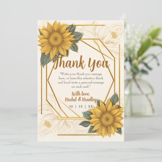 Elegant Sunflower Wedding Line Gold Lijst Bedankkaart (Staand voorkant)