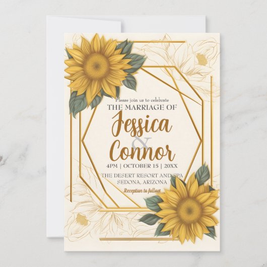 Elegant Sunflower Wedding Line Gold Lijst Kaart (Voorkant)