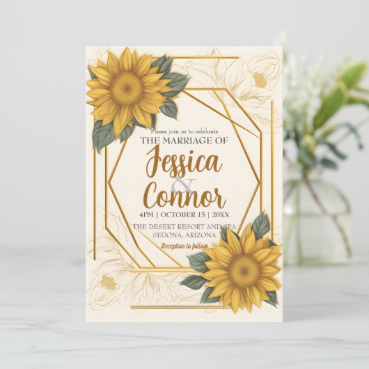 Elegant Sunflower Wedding Line Gold Lijst Kaart (Staand voorkant)