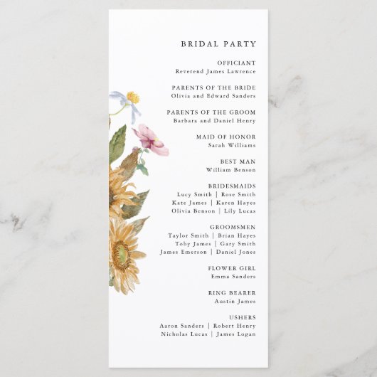 Elegant Sunflower Wedding Programmakaart (Achterkant)