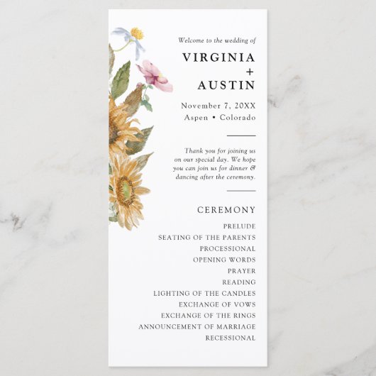 Elegant Sunflower Wedding Programmakaart (Voorkant)