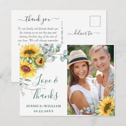Elegant Sunflower Wedding Rustic Dank je wel FOTO Briefkaart (Voorkant / Achterkant)