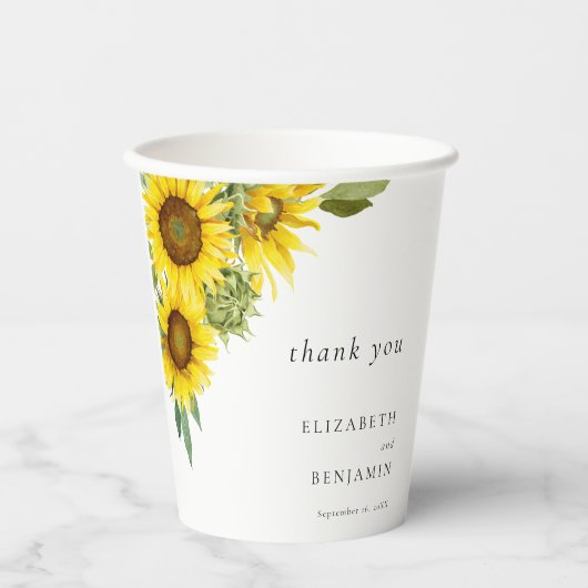 Elegant Sunflower Wedding Waterverf Gepersonalisee Papieren Bekers (Voorkant)