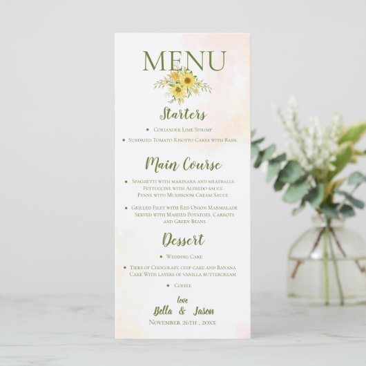 Elegant Sunflower Yellow Cute Floral Wedding Party Menu (Staand voorkant)