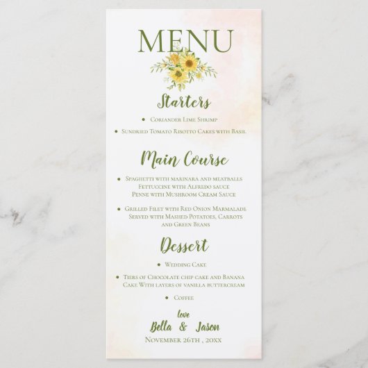 Elegant Sunflower Yellow Cute Floral Wedding Party Menu (Voorkant)