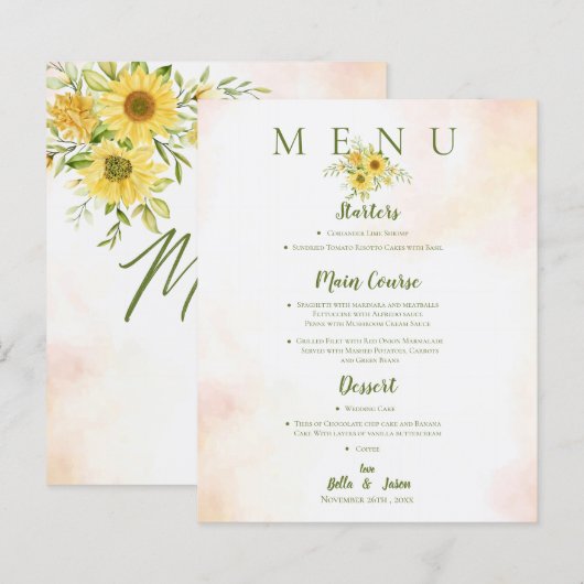 Elegant Sunflower Yellow Floral Wedding Party Menu (Voorkant / Achterkant)