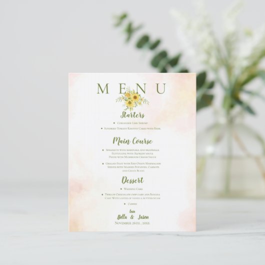 Elegant Sunflower Yellow Floral Wedding Party Menu (Staand voorkant)