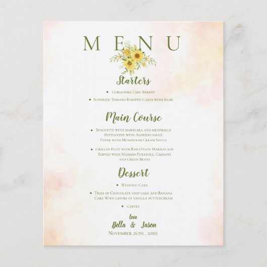 Elegant Sunflower Yellow Floral Wedding Party Menu