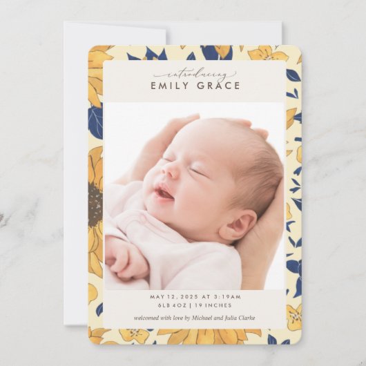 Elegant Sunflower Yellow Photo Birth Announounding Kaart (Voorkant)