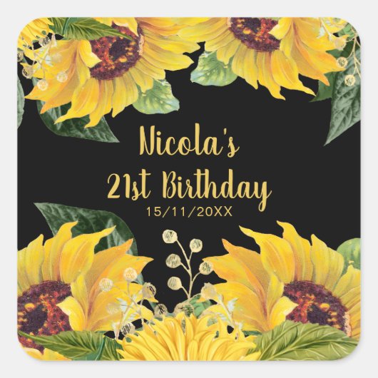 Elegant Sunflowers and Foliage Birthday Party Vierkante Sticker (Voorkant)