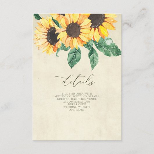 Elegant Sunflowers Garden Floral Wedding  Informatiekaartje (Voorkant)