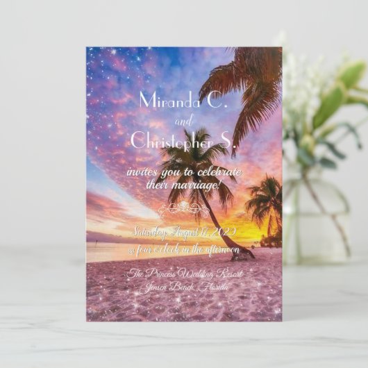 Elegant Sunset Beach and Stars Summer Wedding Kaart (Staand voorkant)