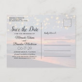 Elegant Sunset Beach String Lights Summer Wedding Aankondigingskaart (Achterkant)