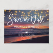 Elegant Sunset Beach String Lights Summer Wedding Aankondigingskaart (Voorkant)