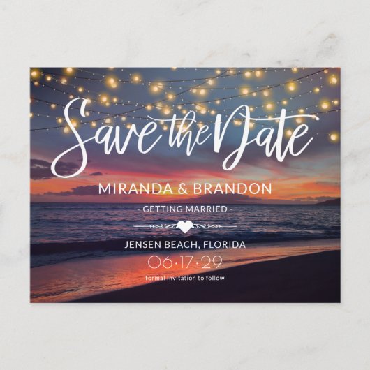 Elegant Sunset Beach String Lights Summer Wedding Aankondigingskaart (Voorkant)