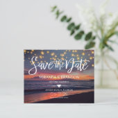 Elegant Sunset Beach String Lights Summer Wedding Aankondigingskaart (Staand voorkant)