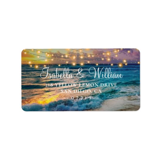 Elegant Sunset Beach String Lights Summer Wedding Etiket (Voorkant)