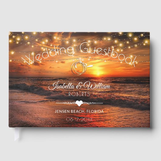 Elegant Sunset Beach String Lights Summer Wedding Gastenboek (Voorkant)
