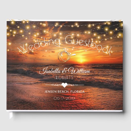 Elegant Sunset Beach String Lights Summer Wedding Gastenboek (Voorkant)
