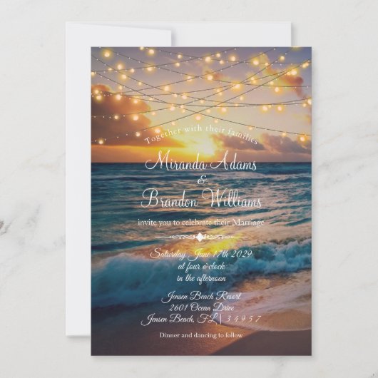Elegant Sunset Beach String Lights Summer Wedding Kaart (Voorkant)