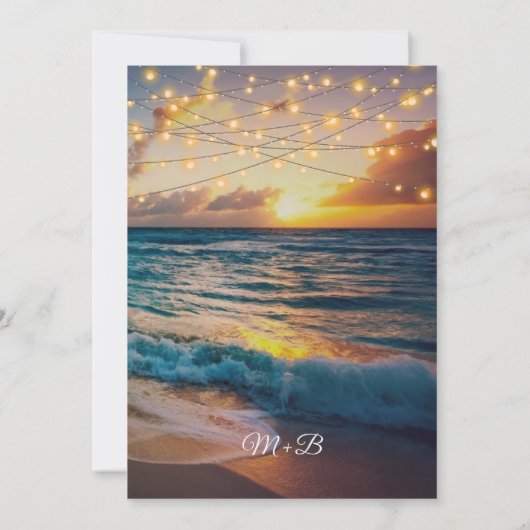Elegant Sunset Beach String Lights Summer Wedding Kaart (Achterkant)