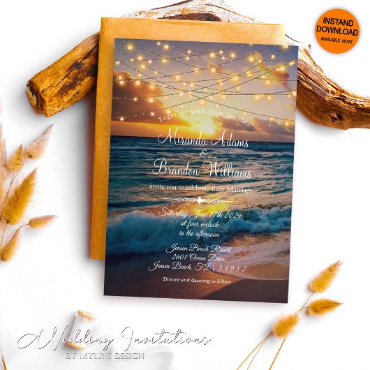 Elegant Sunset Beach String Lights Summer Wedding Kaart