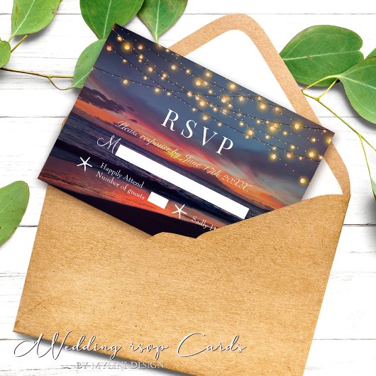 Elegant Sunset Beach String Lights Summer Wedding RSVP Kaartje