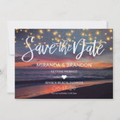 Elegant Sunset Beach String Lights Summer Wedding Save The Date (Voorkant)
