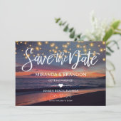 Elegant Sunset Beach String Lights Summer Wedding Save The Date (Staand voorkant)