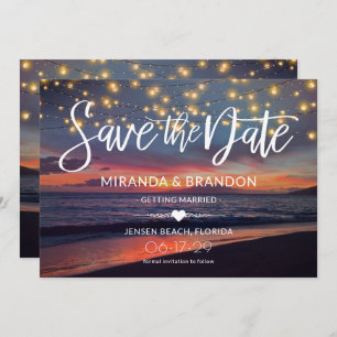 Elegant Sunset Beach String Lights Summer Wedding Save The Date