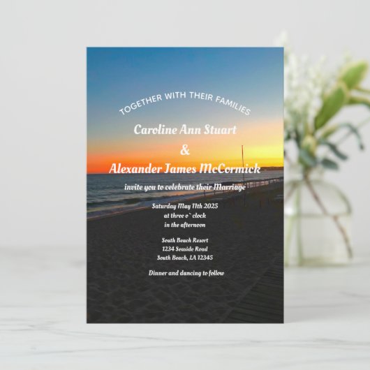 Elegant Sunset Beach Summer Nautical Wedding Kaart (Staand voorkant)